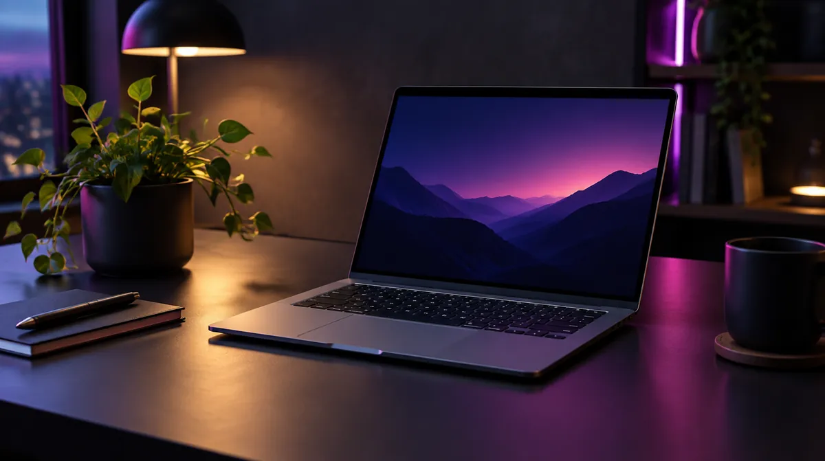 Escritorio moderno de noche con un portátil